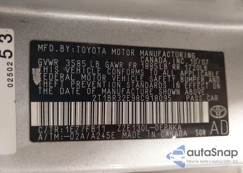 2008 Toyota Corolla Le from USA, damaged, VIN 2T1BR32E98C918095